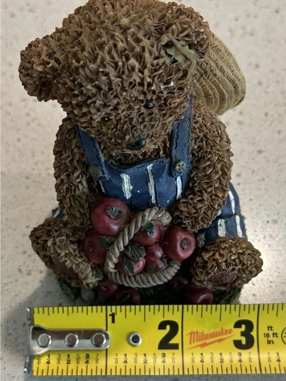 Brown Bear Figurine with Blue Striped Overalls & Apple Basket